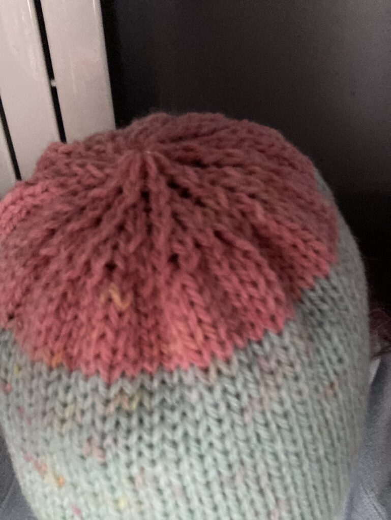 Hat crown method of transfering stitches to decrease each alternative row